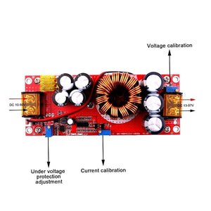1800W 40A DC To DC Adjustable Constant Voltage And Current Power Supply Boost Converter Module - a red circuit board with a large copper coil, input/output terminals, and three blue adjustable potentiometers.