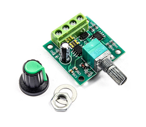 1803BK 30W DC Motor PWM Speed Controller – Precise Motor Control | Digilog.pk - shown with its green-topped knob, mounting nut, washer, and circuit board featuring a potentiometer and port.