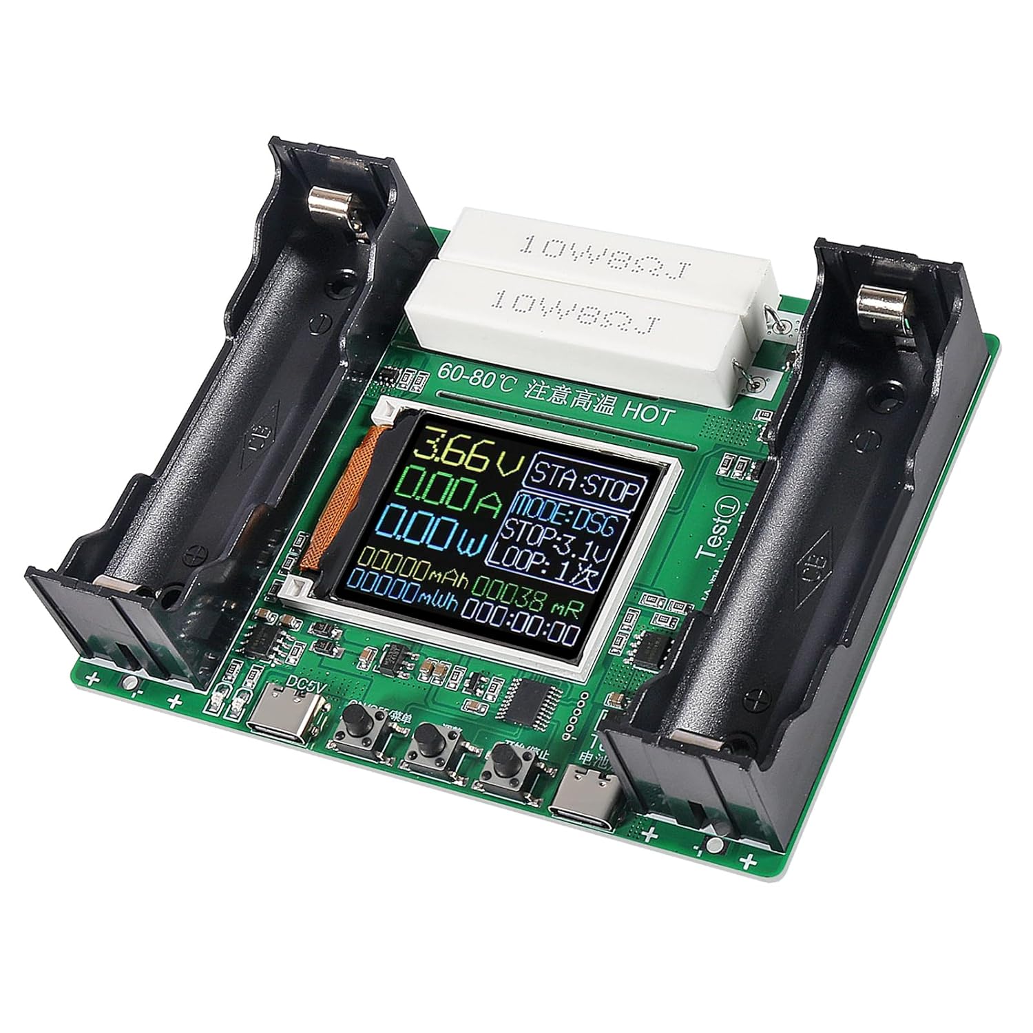 18650 Lithium Battery Capacity Tester Module mAh MWh Digital Battery Power Detector Module - a green circuit board with two battery holders, two white resistors, a USB-C port, and a digital display.