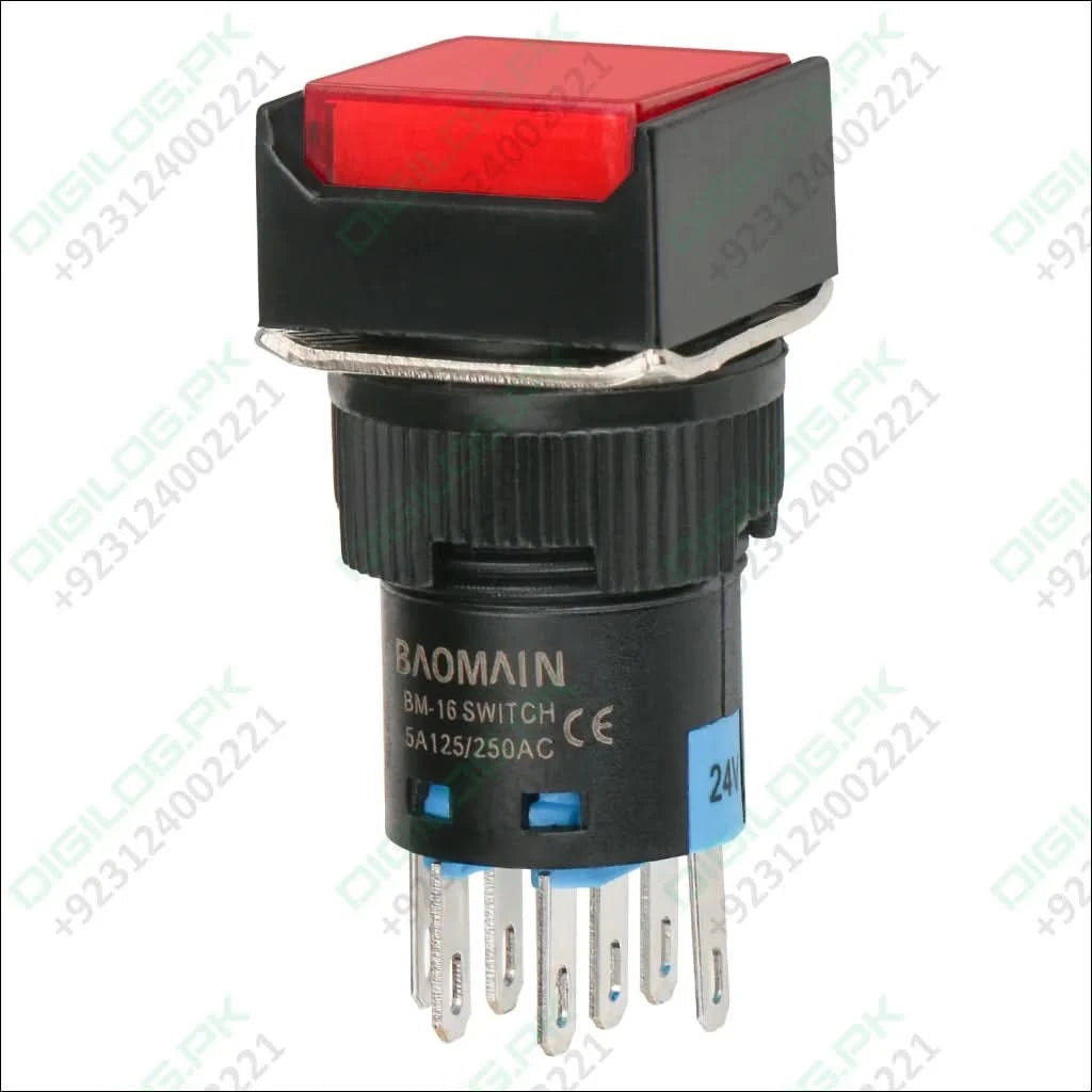 220v Push Button Switch Square Cap NO NC Latching/Momentary LED Lamp Red Light 16mm DPDT 8 Pin