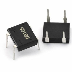 1amp 1000V Bridge Rectifier IC - two black, square-shaped electronic components with four metal pins and "DB105" printed on the top surface.