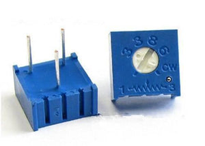 1k 3386 Single Turn Variable Potentiometer - shown as two blue, square-shaped electronic components with three metal pins and a white adjustment screw.
