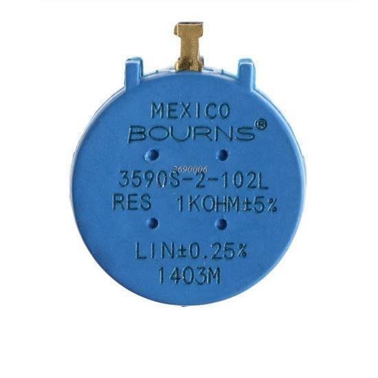 1k Multiturn Potentiometer 1k Ohm 2W Bourns Pot 3590S-2-102L - a round blue electronic component with a metal terminal and printed technical specifications on its face.