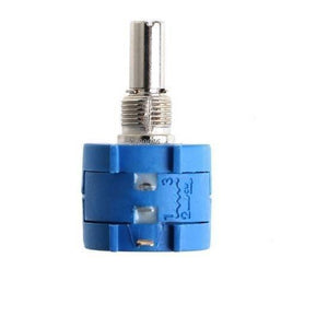 1k Multiturn Potentiometer 1k Ohm 2W Bourns Pot 3590S-2-102L - a blue cylindrical electronic component with a metal shaft and three connection pins on the side.