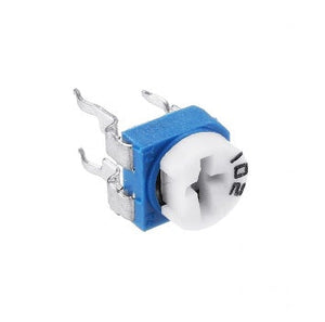 1k RM065 Variable Resistor - a blue and white electronic component with a cross-slotted adjustment screw and three metal pins.