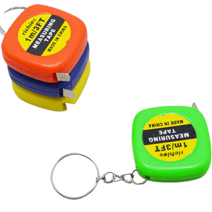 1m/ 3ft Pocket Size Inchies Tape And Measuring Tool - shown as a stack of orange, blue, and yellow units beside a green unit with a metal keychain attached.