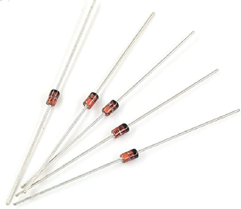 1N4749 24V 1W Zener Diode 1N4749 24V 1W Zener Diode DO-351N4749 24V 1W Zener Diode Do-35 - five small, cylindrical, orange-bodied electronic components with axial metal leads arranged in a fan pattern.
