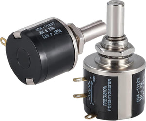 1pc 20k 534-1-1 Spectorl Precision Coil Wire Wound Potentiometer 534 2W In Pkaistan - two black cylindrical wire-wound potentiometers with silver shafts, mounting nuts, and three gold-colored metal terminals.