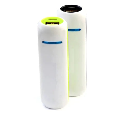 1pcs 2600mAh 5V 1A Mini Portable Power Bank - shown as two cylindrical white units with lime green accents, each featuring a USB port and a blue indicator light.