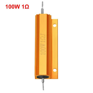 1R 100W Watt Load Resistor Aluminum Wire Wound Golden 1 Ohm Resistor - a gold-colored, rectangular, finned aluminum resistor with two metal leads.