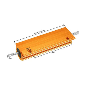 1R 100W Watt Load Resistor Aluminum Wire Wound Golden 1 Ohm Resistor - shown in a product dimension diagram with labels indicating its measurements.