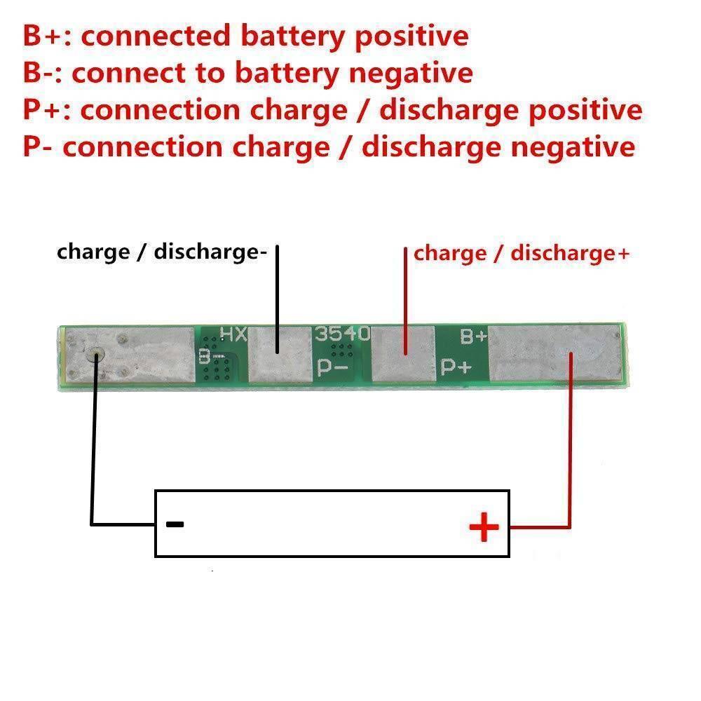 1s 4A BMS Module For Li Ion Batterey 259-fdc-3540 - a wiring diagram for a green circuit board with B+, B-, P+, and P- connection pads.