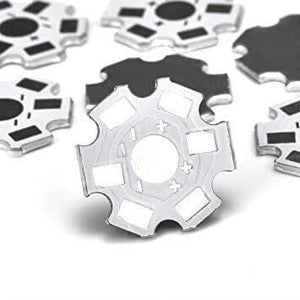 1W High Power White SMD LED With Heatsink - shown as a collection of silver, star-shaped metal circuit boards with visible positive and negative markings.