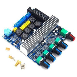 2.1 Channel Audio Stereo Equalizer Bluetooth Hifi Power Subwoofer Amplifier Board TPA3116D2 - circuit board with five knobs and metal spacers.