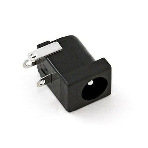 2.1x5.5mm DC Jack PCB Mount Internal Barrel Connector - a black plastic barrel-style power jack with two metal pins for PCB mounting.