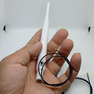 2.4GHz-5.8GHz 5db Wi-Fi Antenna With Ipex Connector - held in a hand, showing a white antenna with an attached thin black cable and a gold IPEX connector.