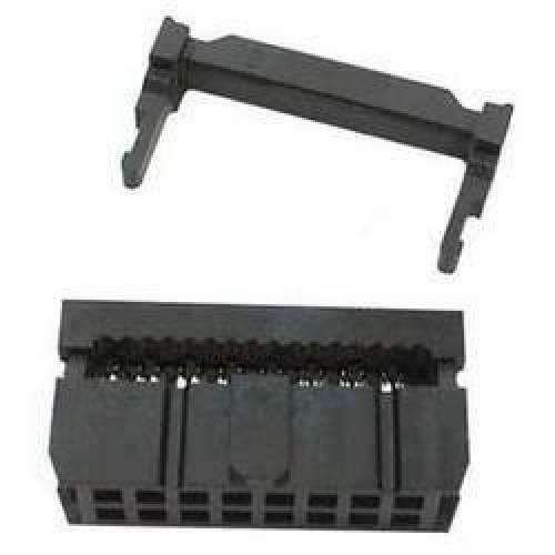 2.54mm 16 Pin Female Frc/IDC Press Mount Flat Ribbon Cable Connector - a black plastic connector base and its detachable top locking bracket.