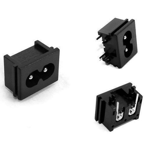 2.5A 250V Male Plug AC Power Socket Connector 23x18x13.3mm - shown from three different angles, featuring a black rectangular body with two pin ports.