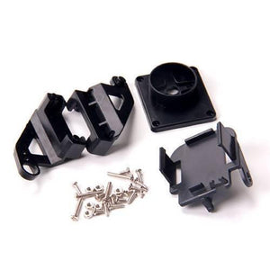 2 Axis Pan Bit Tilt Brackets For SG90 And MG90 Servo Motor - shown as a disassembled kit with black plastic mounting components and a set of small screws.