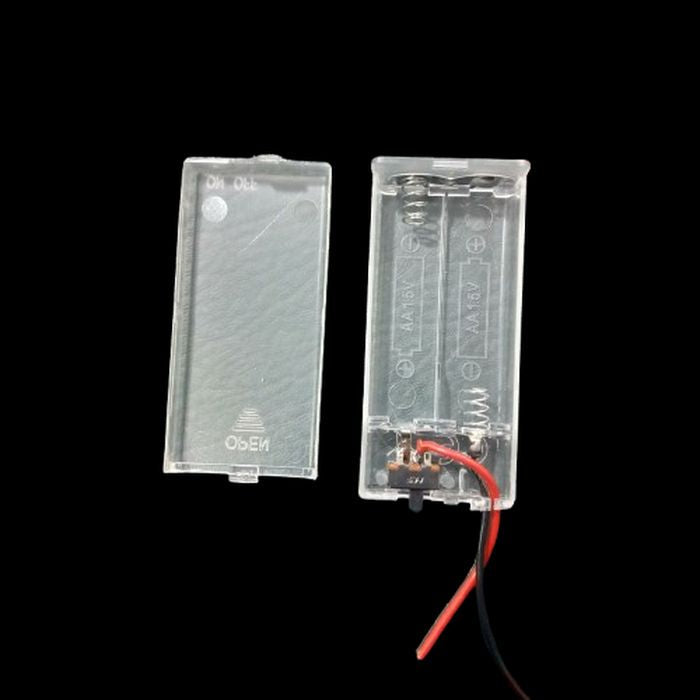 2 Cell AA Battery Box Transparent Battery Holder With Switch And Cover Container - the open case, battery slots, and attached power wires.