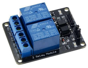 2 Channel Relay Module Relay Board Arduino Relay Module With Optocoupler - a black circuit board with two blue Songle relays, a blue screw terminal block, and a row of input pins.