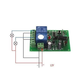 2 Channel RF Wireless System Remote Control Switch Module With Shell 12V 10A 315MHz For Smart Home - shown with a green circuit board, two blue relays, screw terminals, and a wiring diagram overlay.