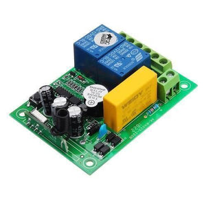 2 Channel Wireless 433MHz Remote Control Switch Module Ak RK02S 220B With RF Remote Controller Transmitter - a green circuit board with two blue relays, one yellow relay, and terminals.