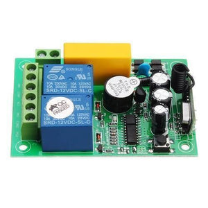2 Channel Wireless 433MHz Remote Control Switch Module Ak RK02S 220B With RF Remote Controller Transmitter - a green circuit board with two blue relays, a yellow transformer, and a black antenna.