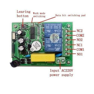 2 Channel Wireless 433MHz Remote Control Switch Module Ak RK02S 220B With RF Remote Controller Transmitter - the green circuit board with two blue relays, screw terminals, and buttons.
