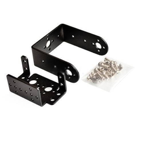 2 Dof Short Pan And Tilt Servo Bracket Mount Kit - two black metal U-shaped brackets and a small plastic bag containing various screws and nuts.