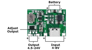 2 In 1 Charge And Boost Regulator Module 4.5-24V - USB Type-c J5019 - a green circuit board with a USB-C port, battery pads, and an adjustment screw.