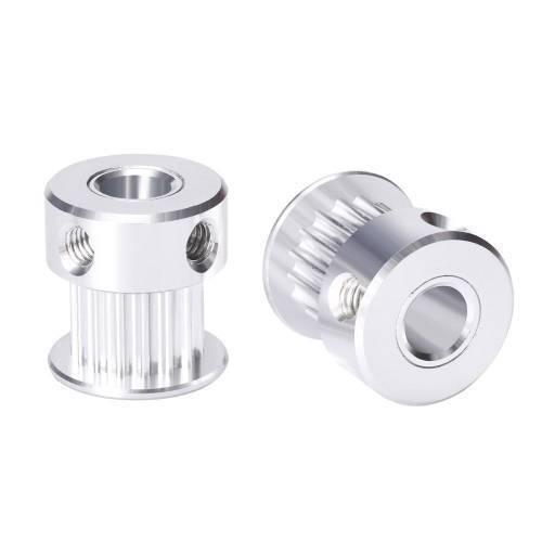 2 Meter GT2 Timing Belt With 2pcs Of 5mm GT2 Pulley 16 Teeth - two silver-colored aluminum GT2 timing pulleys with 16 teeth and set screw holes.
