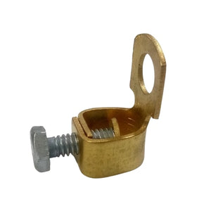2 piece (pair) Battery Terminal Connector copper - a single gold-colored metal terminal clamp with an attached bolt and a vertical mounting hole.