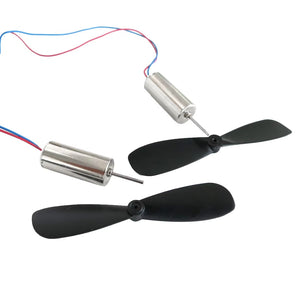 2 Pieces 1 Pair Helicopter Coreless Micro DC Motor with Propeller - two silver cylindrical motors with red and blue wires and two black propellers.