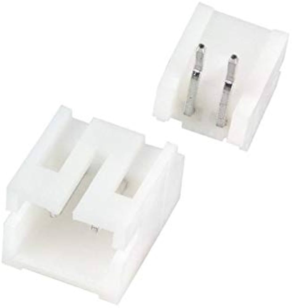 2 Pin JST-xh Male Right Angle 2515 Connector 2.54mm Pitch - a white plastic two-pin connector housing and a separate matching two-pin header.