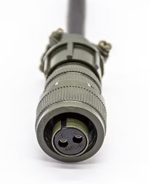 2 Pin Military Connector - Durable & Reliable Connections | Digilog.pk - a close-up view of an olive green, circular two-pin connector with labeled A and B ports attached to a black cable.