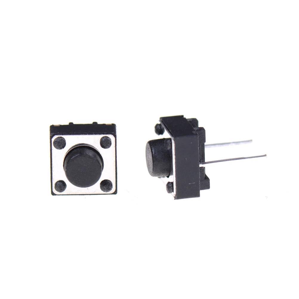2 Pin Push Button Switch - shown from two angles, featuring a black square housing with a round central button and two metal pins extending from the side.