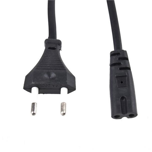 2 Prong AC Power Cord 1 Meter Long - a black two-pin wall plug and a two-hole female connector attached to a black power cable.