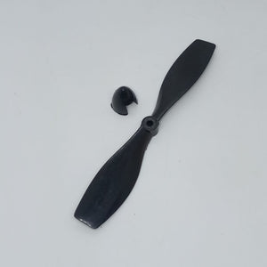 2 Vane Propellor For Small Toy Motor - a black two-blade plastic propeller and a separate matching nose cone cap on a white background.