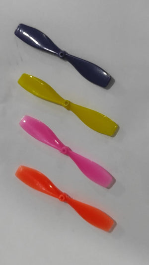 2 Vane Propellor For Small Toy Motor - four individual two-bladed plastic propellers in blue, yellow, pink, and orange arranged vertically.