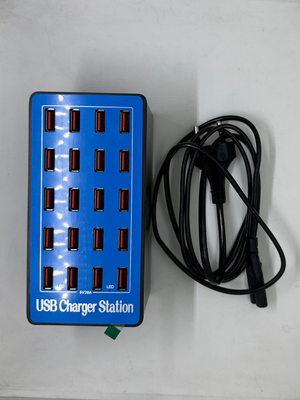 20-port USB Charger Station 5V 16A Smart Charger (wlx A5) - shown as a blue rectangular unit with twenty USB ports and an included black power cord.