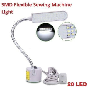 20 SMD LED Bendable Light Lamp 220V Magnetic Base Gooseneck Sewing Machine SMD Light Bulb - a white rectangular LED head, a flexible silver gooseneck, a magnetic base with a power switch, and a power cord.