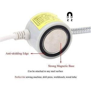 20 SMD LED Bendable Light Lamp 220V Magnetic Base Gooseneck Sewing Machine SMD Light Bulb - close-up of the grey cylindrical magnetic base with an anti-skidding edge and a flexible metal gooseneck attachment.