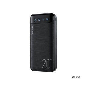 20000mAh Fast Charging Power Bank Black Wp-163 LED Display - rectangular power bank with a brushed metal texture and a digital LED display showing 25, 50, 75, 100.
