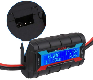 200A Wattmeter Detector Power Analyzer - High Precision Current Voltage Meter - a black device with a blue backlit screen reading 0.00A, 11.48V, and 0.0W, with a close-up of a side port.