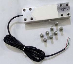 200kg Capacity Strain Guage Load Cell - shown as a silver rectangular metal bar with a black cable and eight small metal screws arranged on a white surface.