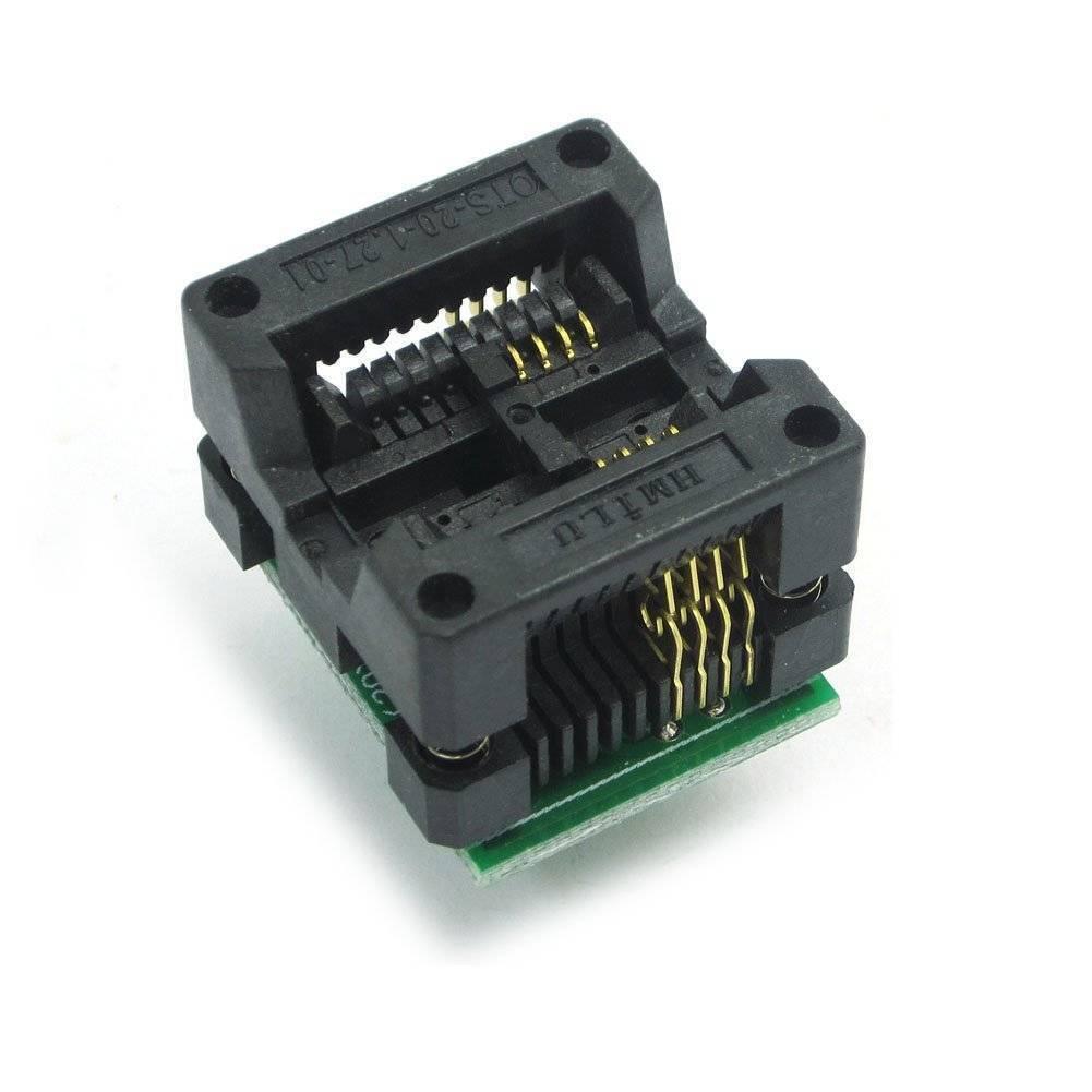 200mil SOP8 Socket To DIP8 IC Programmer Adapter Soic8 EEPROM Flash - a black plastic clamshell-style test socket with gold-plated pins mounted on a small green PCB.