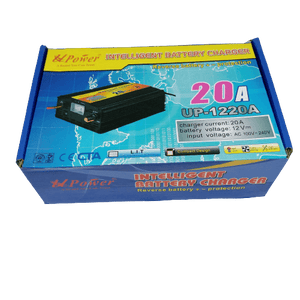 20A 12V Battery Charger Ma-1220 - shown in its blue and yellow product box, featuring a picture of the black charger with a front-facing display and knob.