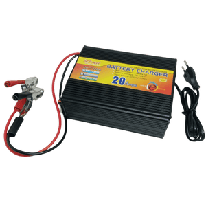 20A 12V Battery Charger Ma-1220 - a black rectangular device with a power cord, a red and black cable with metal alligator clips, and a yellow label.