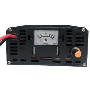 20A 12V Battery Charger Ma-1220 - a black casing, an analog ammeter reading zero, a red output cable, and an orange control knob.